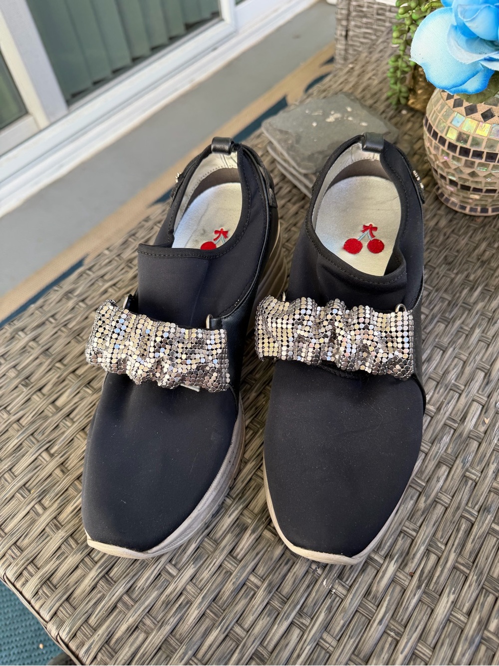 Black Slip-On Mules with Silver Sequin Bow Accent